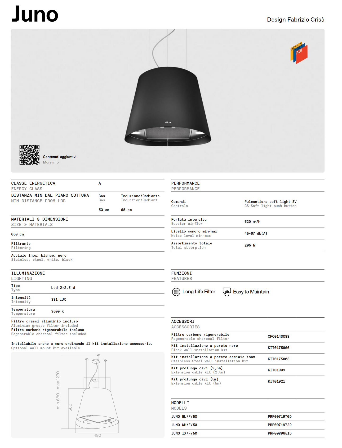 elica Juno 50cm/ 20inch pendant light art internal circulation island range hood