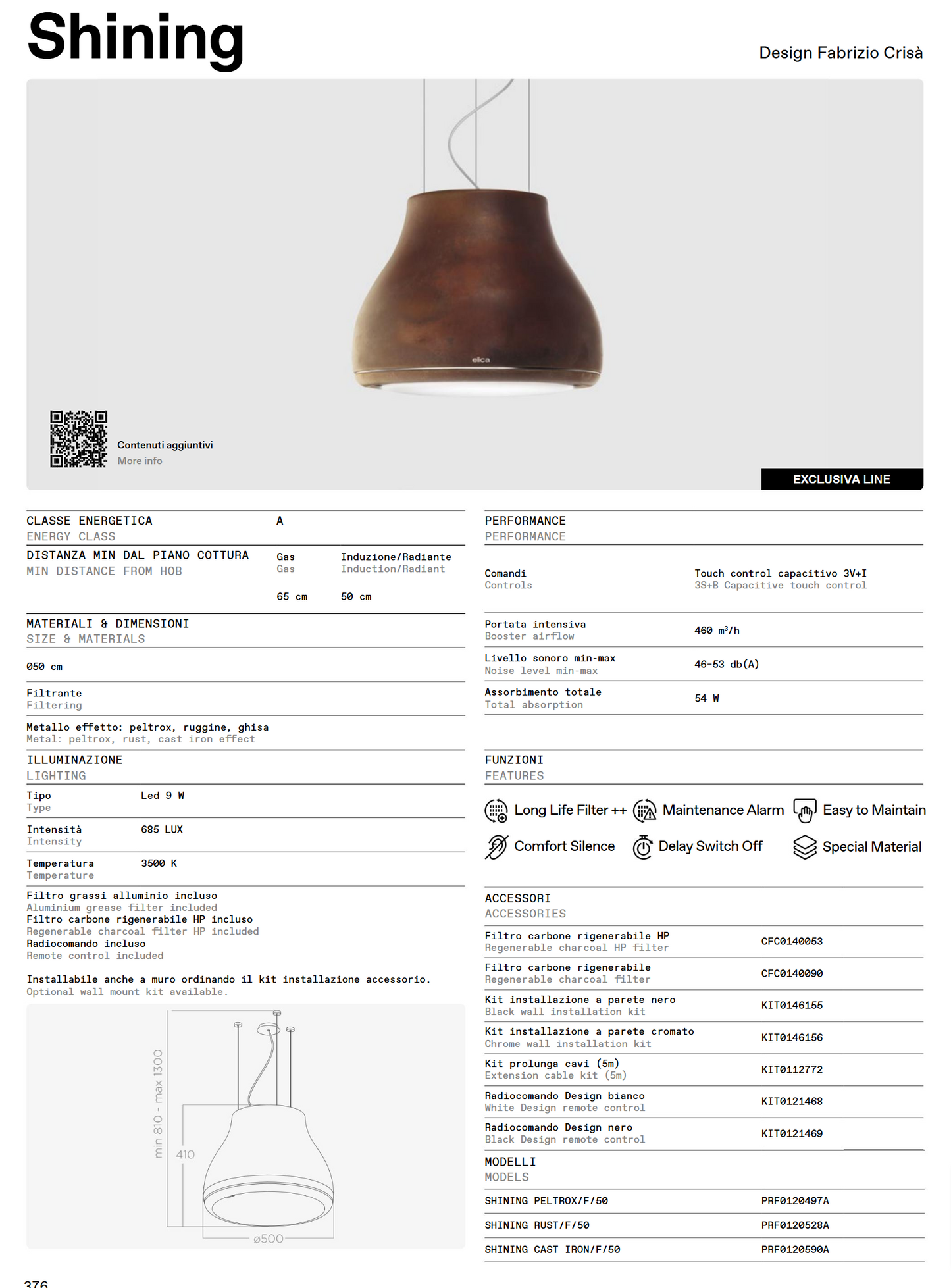 elica Shining 50cm/ 20inch pendant-shaped internal circulation island range hood