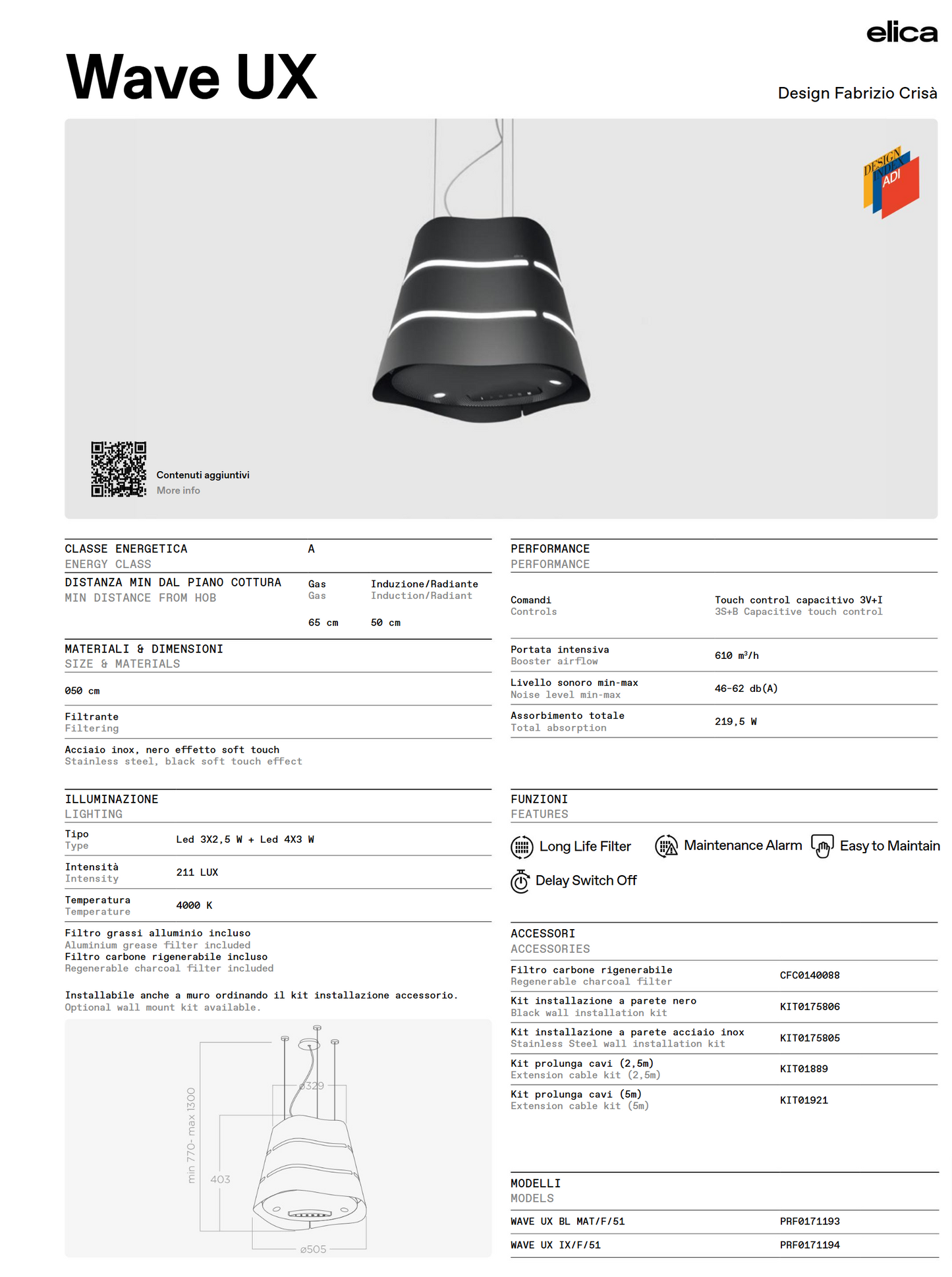 elica Wave Ux 50cm / 20inch pendant light art internal circulation island range hood