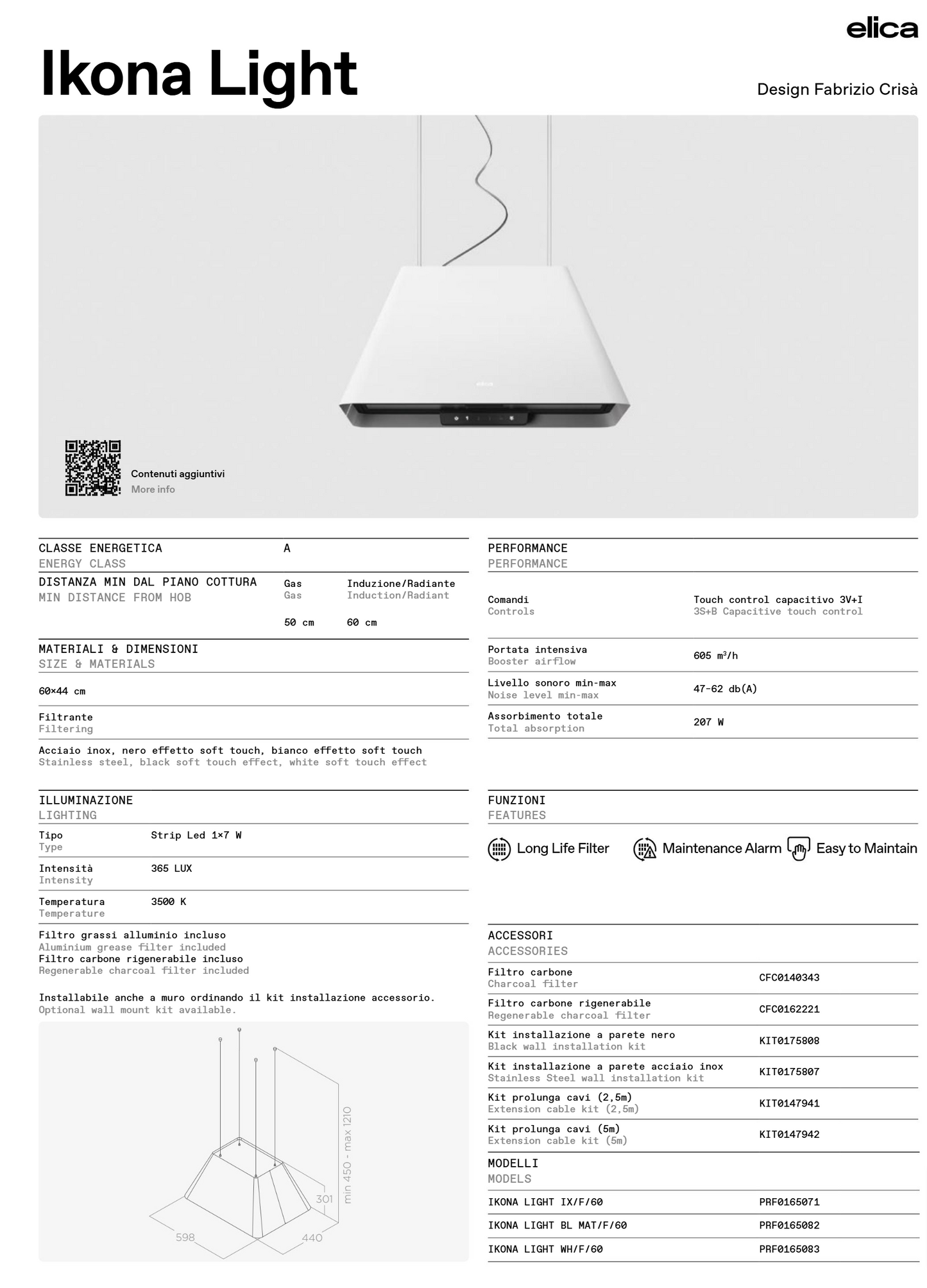 elica Ikona Light 60cm/ 24inch ceiling mounted internal circulation island range hood