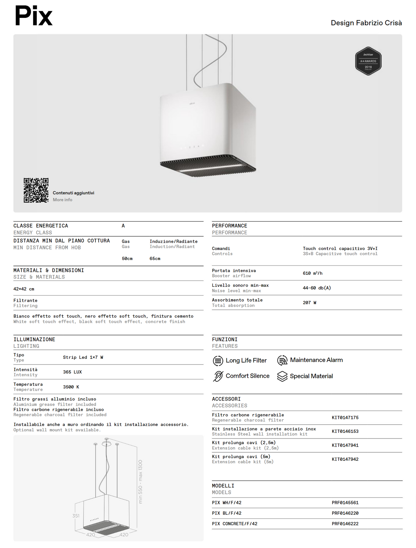 elica PIX 40cm/ 16inch ceiling mounted internal circulation island range hood