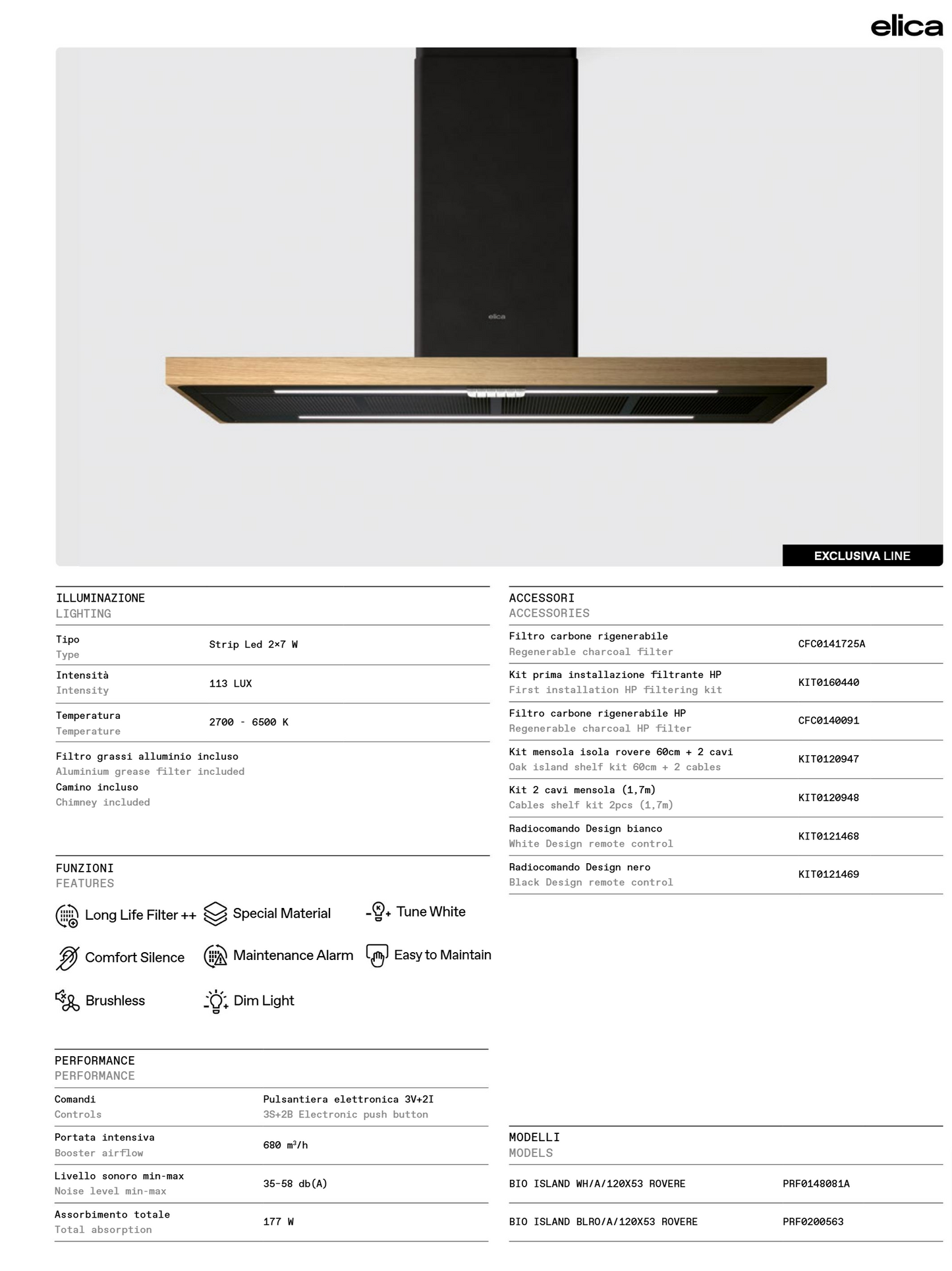 elica Bio Island 48inch / 70inch (120cm/180cm) Oak Country Style Island Range Hood