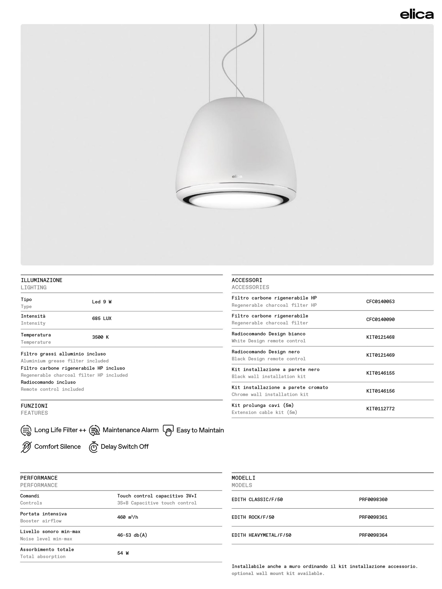 elica Edith 50cm/ 20inch pendant-shaped internal circulation island range hood