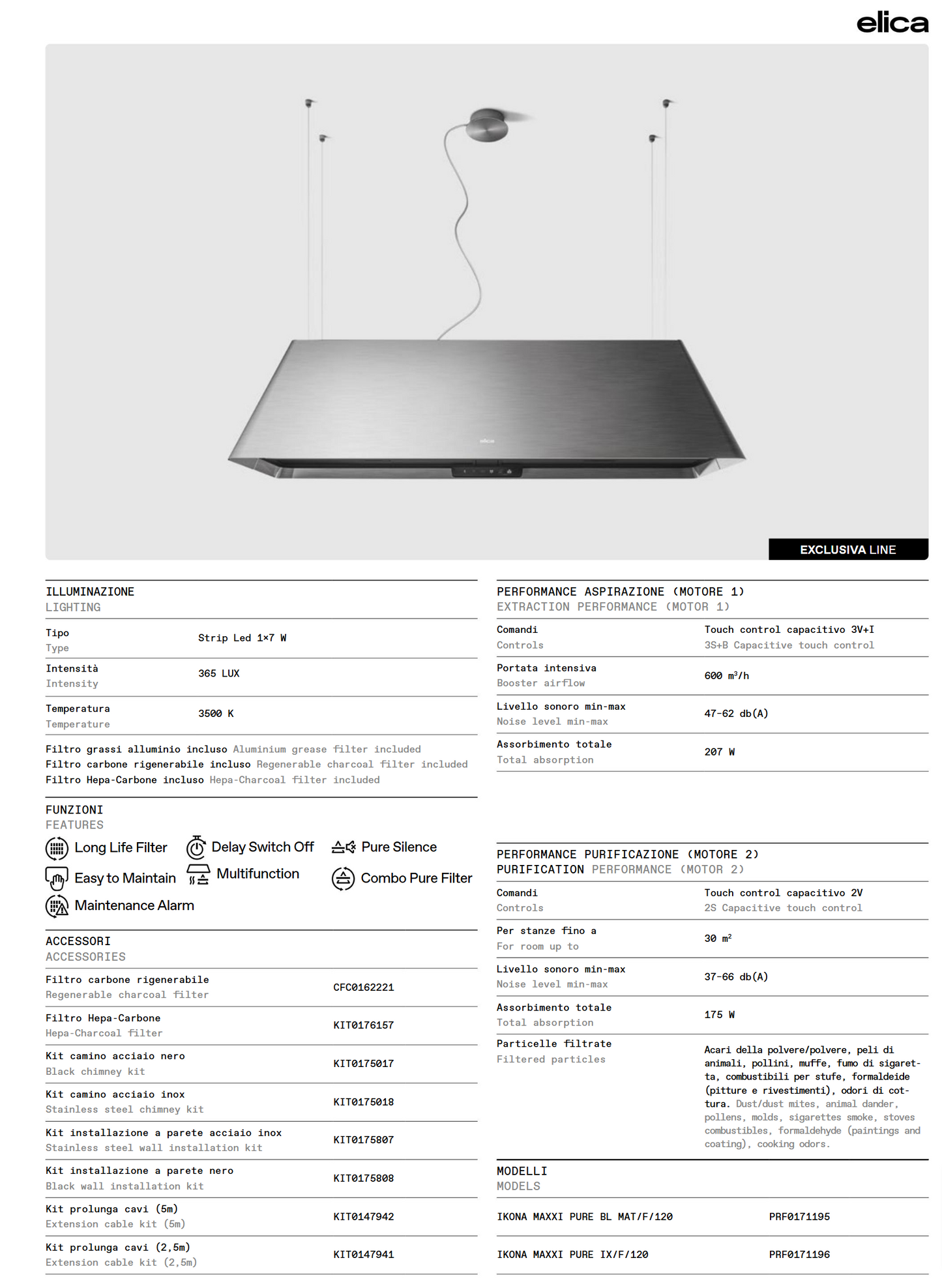 elica Ikona Maxxi Pure 120cm/ 48inch ceiling mounted internal circulation island range hood