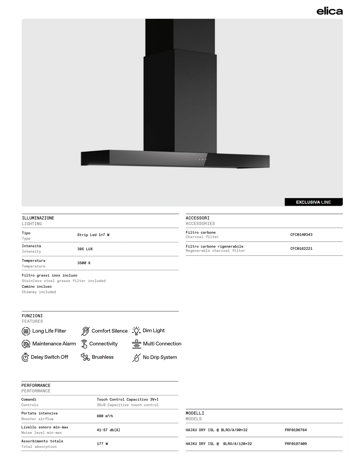elica Haiku Dry Island 36inch/48inch(90cm/120cm) island range hood