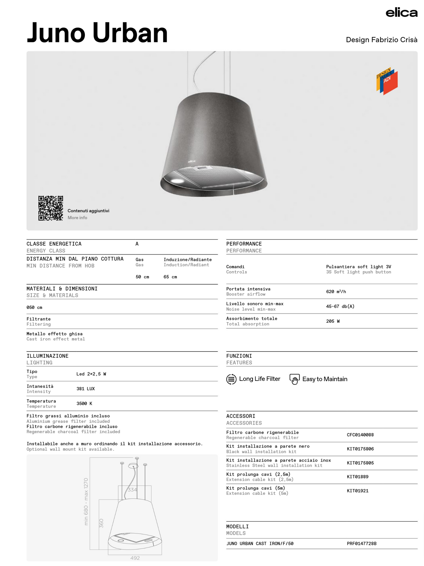 elica Juno Urban 50cm / 20inch pendant light art internal circulation island range hood